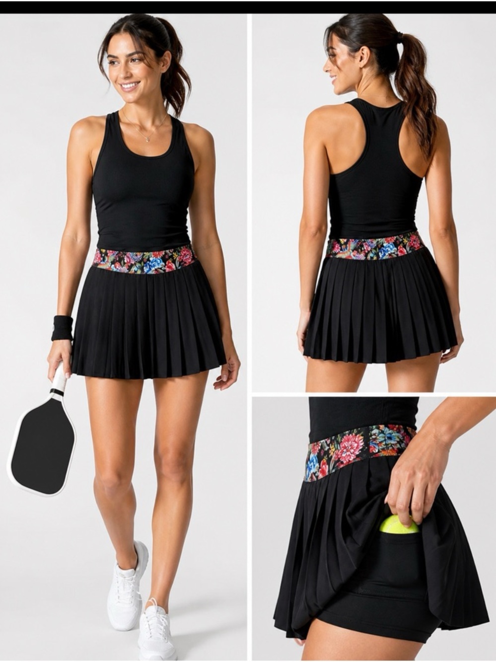 New Johnny Was Active Pleated Tennis Skirt – Black Floral Waist – Size S